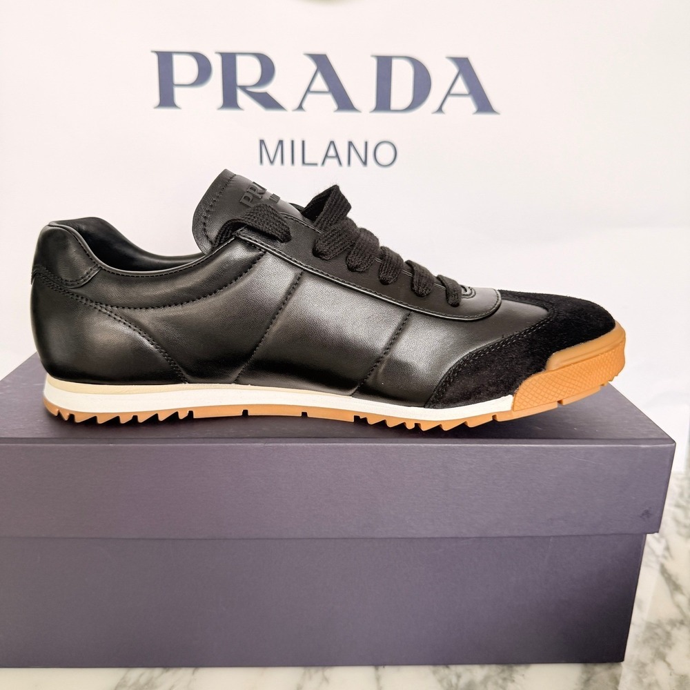 PRADA 2EG486 Black Leather with Suede Sneakers Shoes - NEW - US 10 UK 9